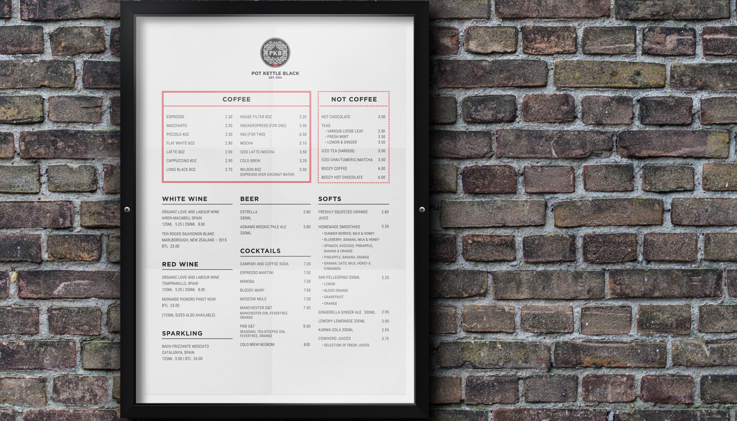 Barton Arcade Manchester, the menu for Pot Kettle Black whose website we created