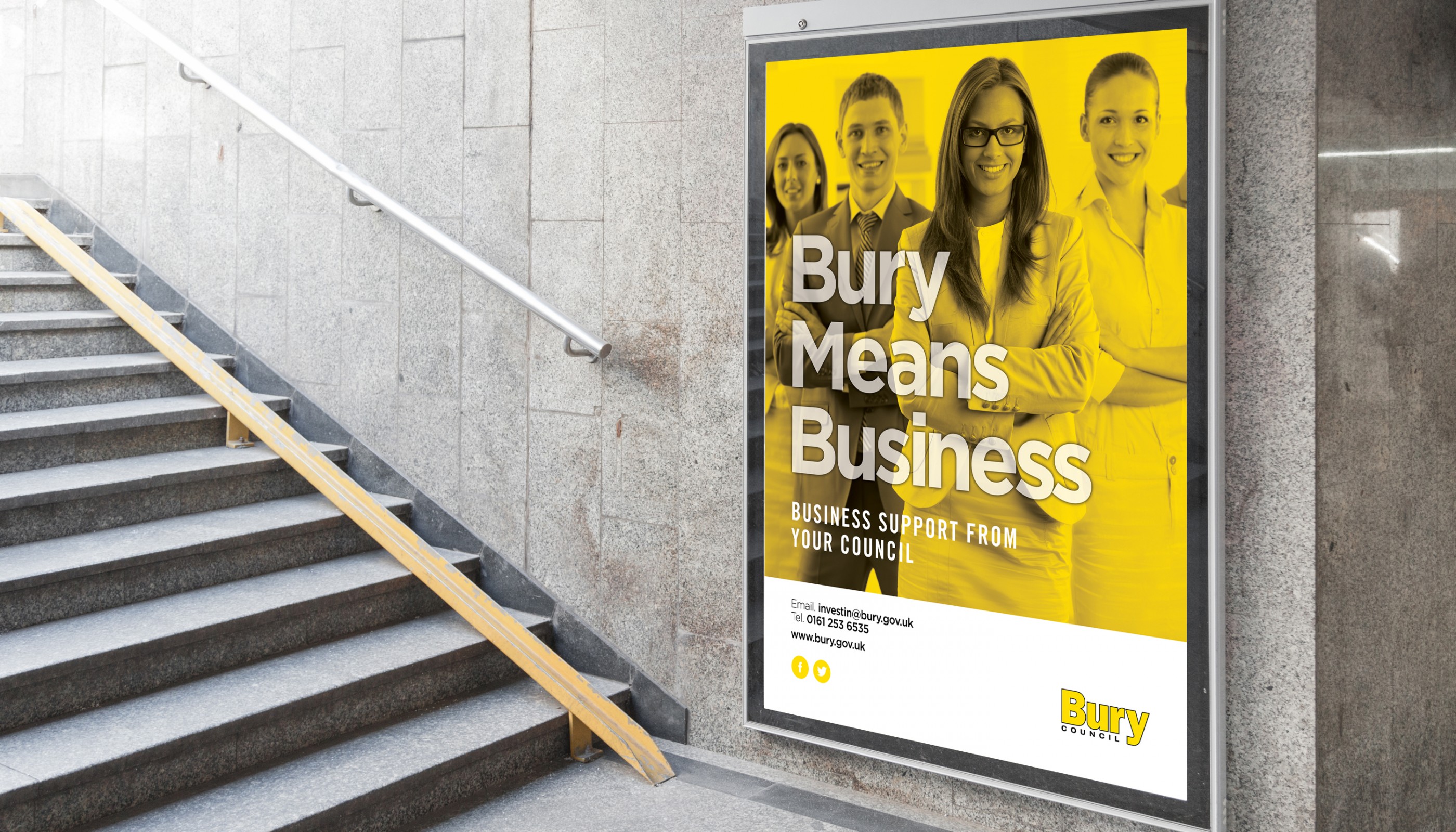 creative design and print for Bury Council, the poster is located in underground hall