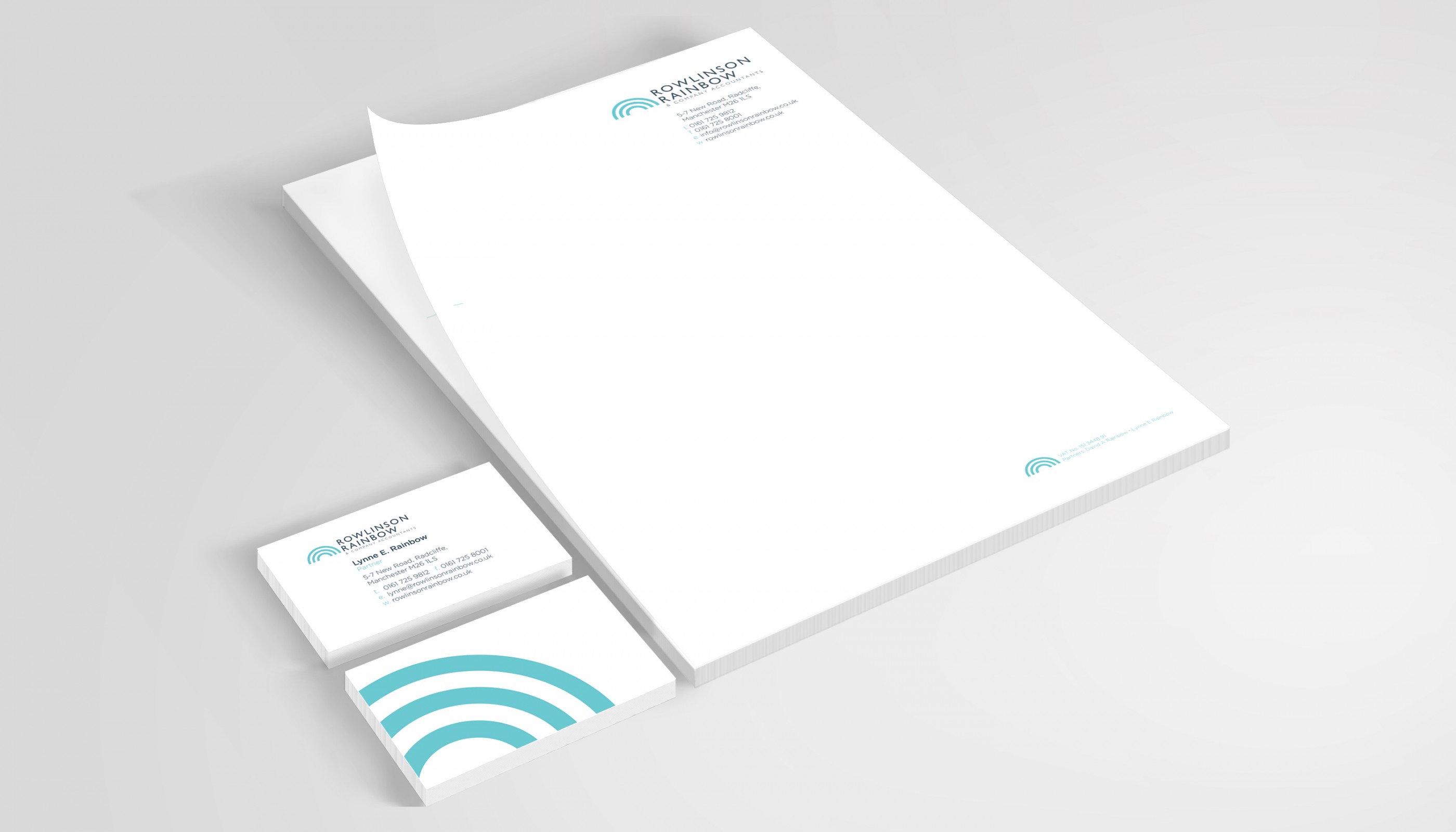 Letterheads and cards designed and printed for Radcliffe Accountants, Rowlinson Rainbow by local printing company Hypa Concept